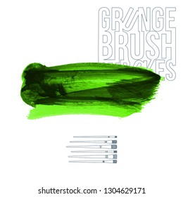 Green brush stroke and texture. Grunge vector abstract hand - painted element. Underline and border design.