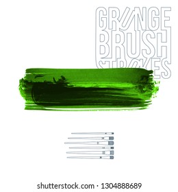 Green brush stroke and texture. Grunge vector abstract hand - painted element. Underline and border design.