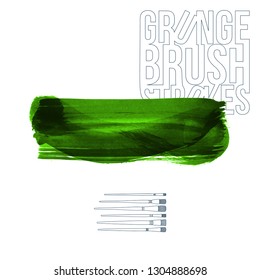 Green brush stroke and texture. Grunge vector abstract hand - painted element. Underline and border design.
