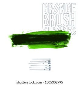 Green brush stroke and texture. Grunge vector abstract hand - painted element. Underline and border design.