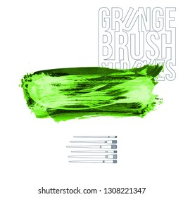 Green brush stroke and texture. Grunge vector abstract hand - painted element. Underline and border design.