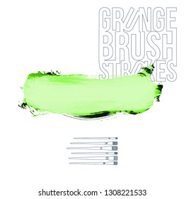 Green brush stroke and texture. Grunge vector abstract hand - painted element. Underline and border design.