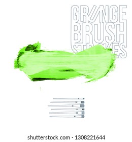 Green brush stroke and texture. Grunge vector abstract hand - painted element. Underline and border design.