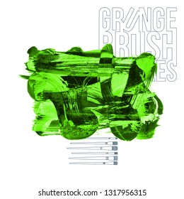 Green brush stroke and texture. Grunge vector abstract hand - painted element. Underline and border design.