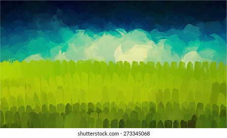 Green brush strokes and blue sky  background. Vector version