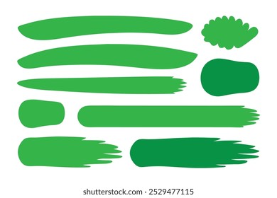 Green brush strokes set isolated flat vector illustration on white background