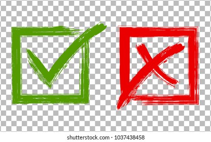 Green brush symbolic OK and red X icons in square frames. Tick and cross signs, check marks graphic design. Acceptance and rejection symbol vector buttons for vote, election choice on transparent.