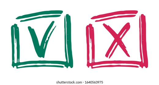 Green brush symbolic OK and red X icons in square frames. Tick and cross signs, check marks graphic design. YES and NO acceptance and rejection symbol vector buttons for vote, election choice.