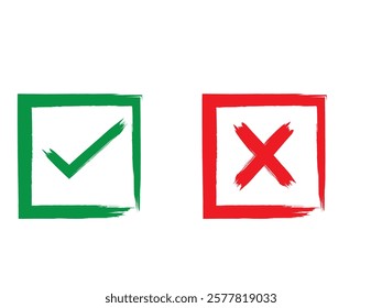 Green brush symbolic OK and red X icons in square black frames. Tick and cross signs check marks graphic design. Acceptance and rejection symbol vector buttons for vote, election choice on transparent