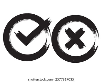 Green brush symbolic OK and red X icons in square black frames. Tick and cross signs check marks graphic design. Acceptance and rejection symbol vector buttons for vote, election choice on transparent