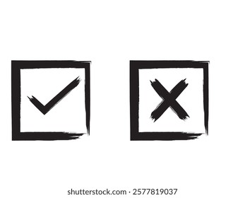 Green brush symbolic OK and red X icons in square black frames. Tick and cross signs check marks graphic design. Acceptance and rejection symbol vector buttons for vote, election choice on transparent