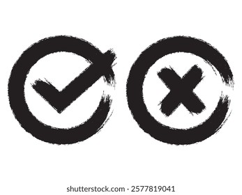 Green brush symbolic OK and red X icons in square black frames. Tick and cross signs check marks graphic design. Acceptance and rejection symbol vector buttons for vote, election choice on transparent