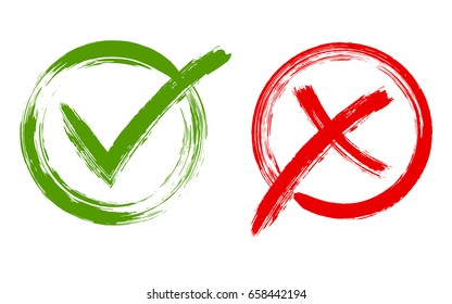 Green brush symbolic OK and red X icon isolated on white.Tick and cross signs, check marks graphic design. YES and NO acceptance and rejection symbol vector buttons for vote, election choice. 