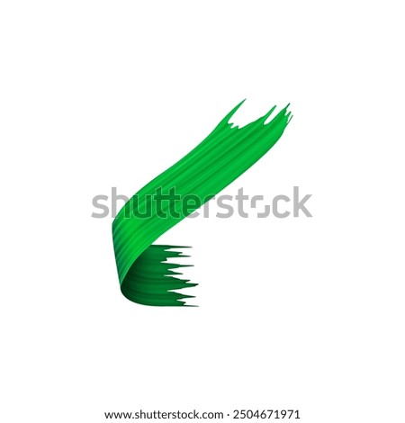 Green brushstroke vector illustration 3d icon with a smooth, flowing ribbon-like texture, featuring sharp edges on one end. The dynamic brushstroke conveys motion and creativity.