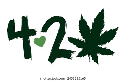 Green brushstrokes design for 4 20 commemoration with heart and cannabis leaf silhouette.