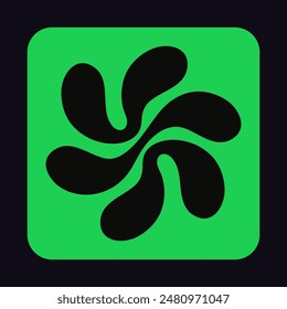 Green Brutalism icon with abstract flower of curve bold lines. Geometric shape sign in Bauhaus style. Brutalist design element, stylized print on square figure. Flat isolated vector illustration