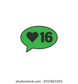 Green bubble Button Like Icon Vector design. Illustration Love social media feed. sixteen likes