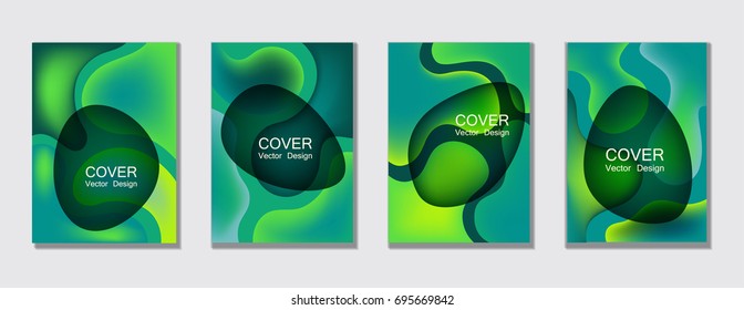 Green bubble fluid shapes with gradients covers. Trendy minimal A4 design applicable for gift card, scientific cover, party poster. Futuristic vector layouts. Fluid colors covers backgrounds set.