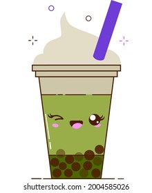 Green bubble milk tea ads with delicious tapioca black pearls. Cute bubble tea kawaii smiled character. Taiwanese famous and popular drink Boba. Cartoon flat vector icon isolated on white background.