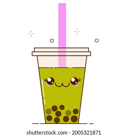 Green bubble milk tea ads with delicious tapioca black pearls. Cute bubble tea kawaii smiled character. Taiwanese famous and popular drink Boba. Cartoon flat vector icon isolated on white background.