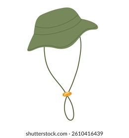Green bucket hat with chin strap vector hand drawn illustration. Boonie hat for sun protection, perfect for outdoor activities, camping, gardening, fishing. 