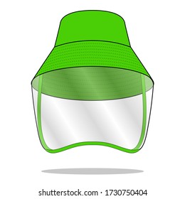 Green Bucket Hat Safety Protection With Plastic Transparent Face Shield Vector For Template.