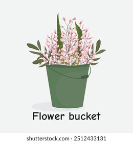 Green Bucket with Pink Blossoms Illustration