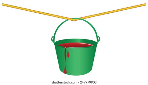 Green bucket with red paint on the rope. Vector illustration.