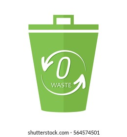 Green bucket, trash, garbage can with zero waste sign, symbol isolated on white background.