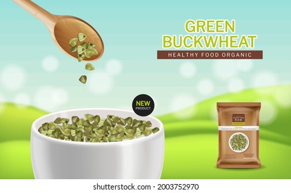 Green buckwheat vector realistic. Product placement mock up. Label design. Fresh healthy food