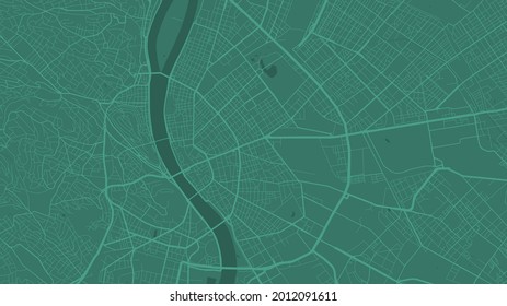 Mapa de fondo de vectores de la zona verde de Budapest, calles y cartografía del agua. Proporción de pantalla ancha, mapa digital plano de diseño.