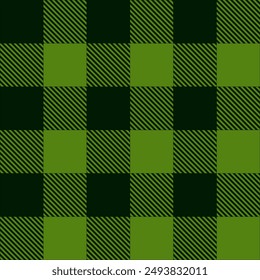 Green buffalo checkered texture. Checkered lumberjack seamless pattern. Geometric fabric background for flannel shirt, picnic blanket, kitchen napkin, tweed coat. Vector flat illustration.