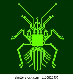 Green Bug circuit board. 100% vector. Technology icon Ideal for logo’s, stickers, flyers, promotions, advertising, T-shirts, web design, apps and all other design requirements.