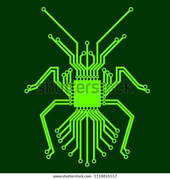 Green Bug circuit\
board. 100% vector. Technology icon Ideal for logo’s, stickers,\
flyers, promotions, advertising, T-shirts, web design, apps and all\
other design\
requirements.
