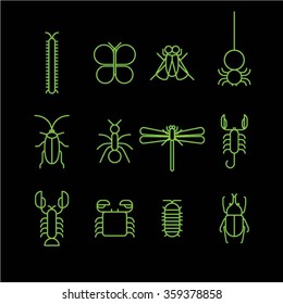Green Bug icons on black background / Arthropods icons / Green Vector icons