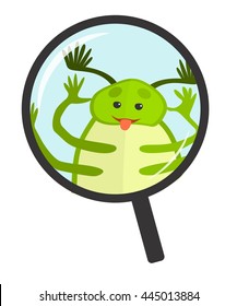 Green bug shows tongue in the magnifying glass. Funny beetle was found. Vector illustration.
