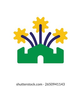 Green building with arched doorway yellow starburst fireworks on Brazil Proclamação da Republica