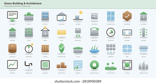 Green building and architecture soft 3D icon set featuring LEED certification, green roof, solar facade, rainwater system, passive design and biophilic design on a light background.