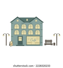 Edificio verde con una cafetería en la planta baja, un banco y lámparas cerca. Casa de tres pisos. Tienda de bebidas calientes. Ilustración para la publicidad de cafés y sitios web