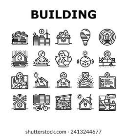 green building city eco office icons set vector. energy tree, modern esg, nature friendly, architecture carbon, business, corporate green building city eco office black contour illustrations