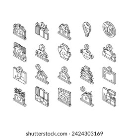 green building city eco office isometric icons set. energy tree, modern esg, nature friendly, architecture carbon, business, corporate green building city eco office color line