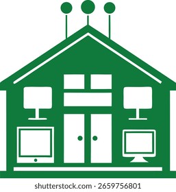 Edifício verde com telas de computador simbolizando inteligência artificial e cérebro