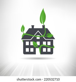 Green Building Concept. House Surrounded By Green Leaves. Fully Scalable Vector Illustration.