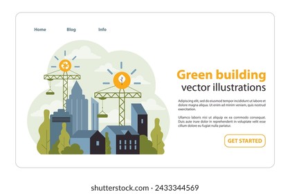 Green building concept. Urban skyline integrating sustainable architecture with cranes placing eco symbols. Prioritizing eco-friendly structures and renewable solutions. Flat vector illustration.