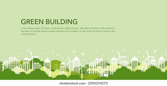 Green building Eco-friendly building in the modern city. urban environment concept. Ecology and green living in city, ESG, renewable energy. paper illustration, Green vector illustration