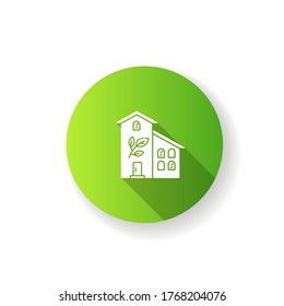 Green building green flat design long shadow glyph icon. Sustainable development. Eco friendly real estate. Greenhouse exterior. Efficient building. Silhouette RGB color illustration