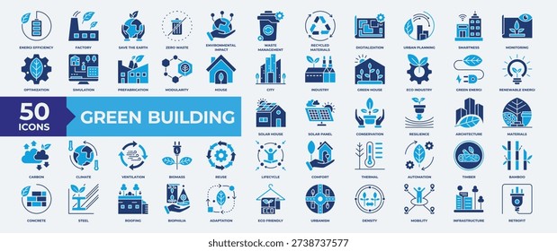 Green Building Icon Collection Set with efficiency, energy, eco, renewable energy, solar panel, house, factory and more. Simple Line Vector Illustration.