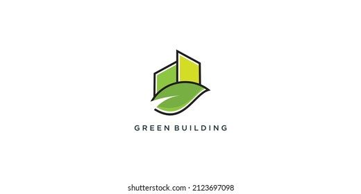 Green building logo design with creative line style Premium Vector