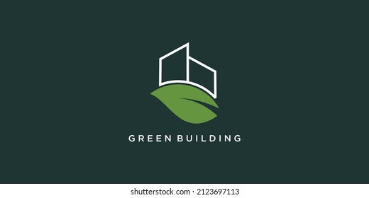 Green building logo design with creative line style Premium Vector