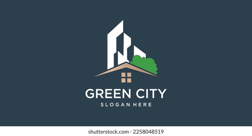 Green building logo idea with fresh concept design Premium Vector